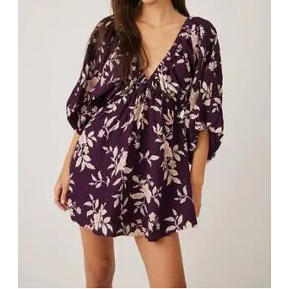 NWT Free People Portia Floral V-Neck Mini Babydoll Dress Mulberry Women's Size L